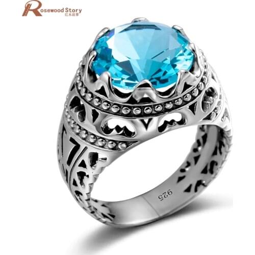 Genuine Silver Ring For Men Retro Real 925 Sterling Silver Blue Topaz Rings For Women Unisex Big Gemstones Round Fine Jewelry