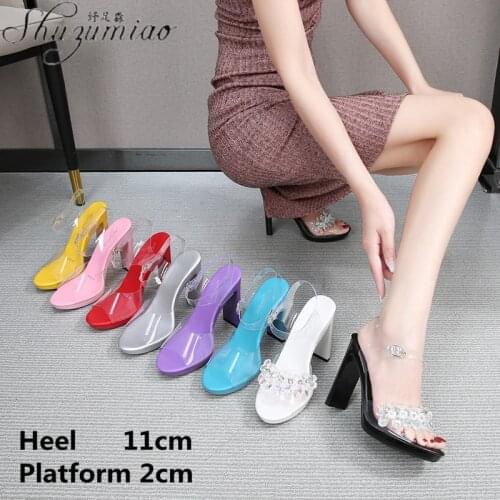 Sexy Rhinestone Stripper Model Transparent Word With Thick Heel 11 CM High-Heeled Sandals Nightclub Clear Platform Womens Shoes