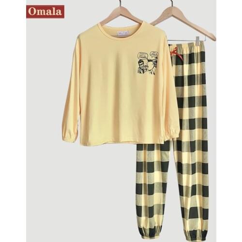 New spring Pajama Set for Women Cartoon anime plaid Long Sleeve O-neck Korean Comfortable Leisure Sleepwear yellow Sweet pajamas