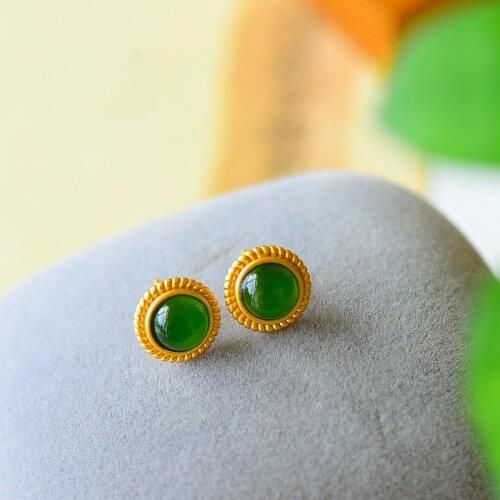 S925 Sterling Silver Ancient Gold Inlaid Hetian Jade Green Jade Classic Twist Ear Studs Sun Green Full Color Small Ornament for