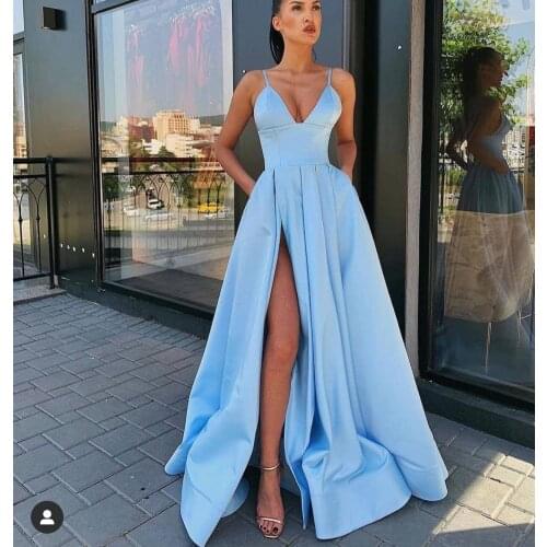 SuperKimJo Blue Prom Dresses 2021 Satin Simple Cheap A Line Spaghetti Strap Prom Gown 2022 Vestidos De Fiesta