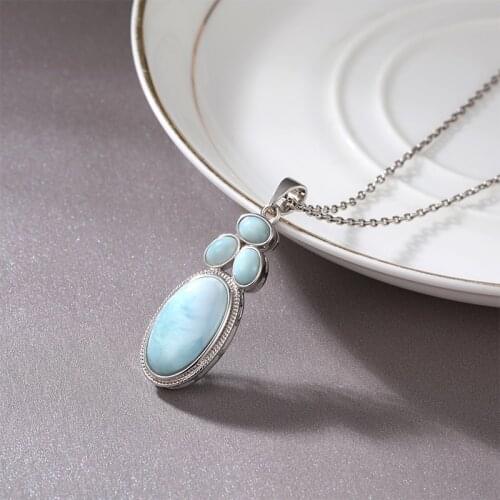 Concise Style Plated Gold 925 Sterling Silver Dominica Larimar Pendant Necklace Natural Precious Jewelry Gifts for Woman