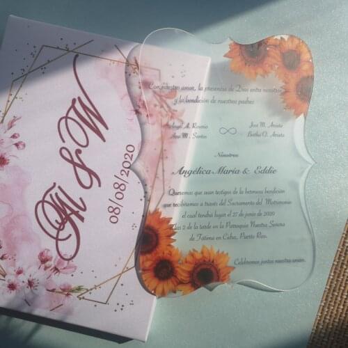 Custom Printing Heart Shape Acrylic Card Wedding Save The Date ,Sunflower Invitation