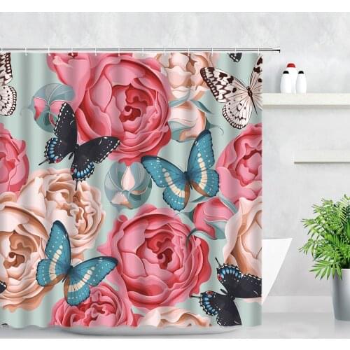 3D Pink Floral Shower Curtain Set Peony Rose Flowers Butterfly Pattern Natural Waterproof Fabric Bathroom Decor Bath Curtains