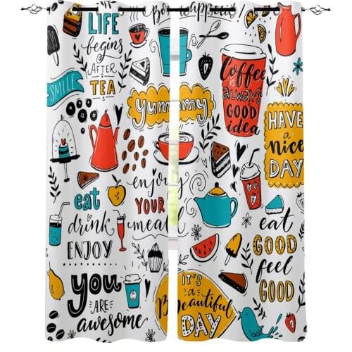 Cafe Doodle Teapot Cup Food Blackout Curtains For Living Room Kids Window Treatment Cortina For Kitchen Bedroom