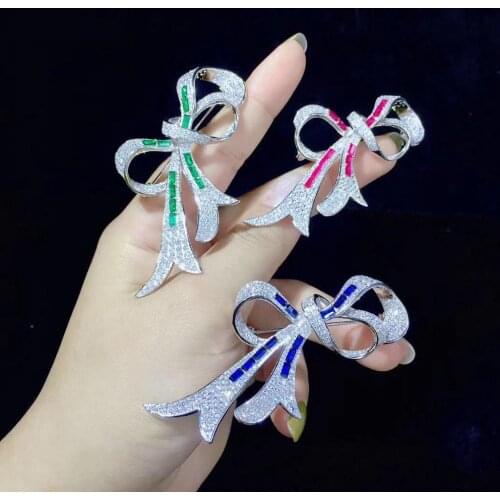 High quality 925 sterling silver with cubic zircon ribbon bowknot brooch green blue red color fine women jewelry