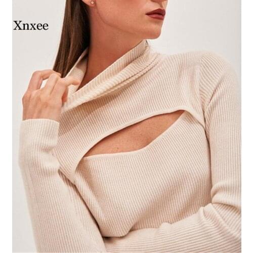 Ribber Knitted Turtleneck Top Women Hollow Out Casual Long Sleeve t Shirt Skinny Autumn Winter Slim Tee Lady Clothing