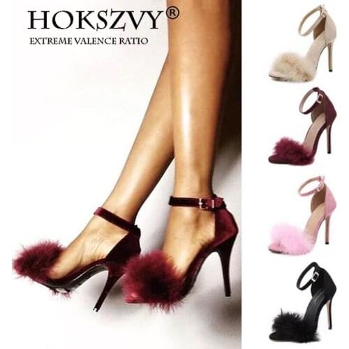 HOKSZVY Fashion 11cm Heels Summer Shoes Women Stiletto Sandalen Open Toe Fluff Strappy Thin High Heels Lace Up Fur Sandals ZL