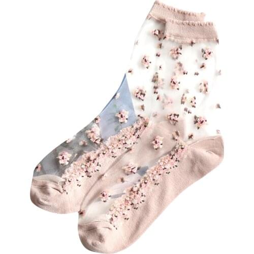 Women Translucent Flower Socks Medium Tops Ultra-thin Japanese Style Ankle Socks For Girl 's Summer Silk Elastic Mesh Knit Frill