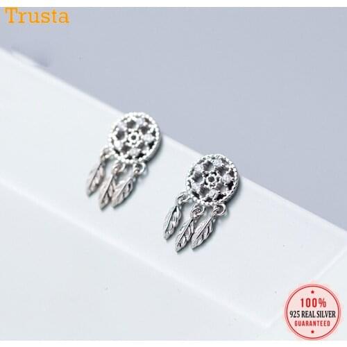 ElfoPlataSi Fashion 925 Sterling Silver Dream Catcher Stud Earrings For Women White Cubic Zircon Sterling Silver Jewelry ED367