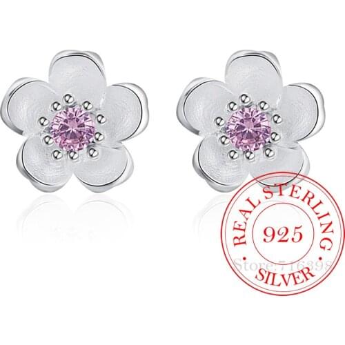 925 Sterling Silver Cherry Blossoms Stud Earrings For Women Wedding Gift Female pendientes mujer moda aretes de mujer