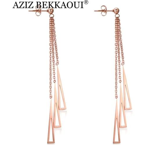 AZIZ BEKKAOUI Sweet Rose Gold Triangle Tassel Earrings for Women Simple Style Stainless Steel Earrings Party Jewelry Gift
