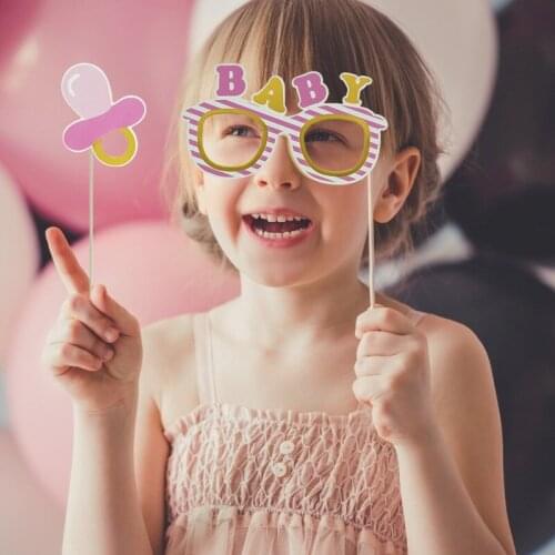 15Pcs/1Set Paper Pink Blue Handheld Photo Props Trojan Glasses Dress Crown For Girl Boy Gift DIY Birthday Baby Shower Home Decor