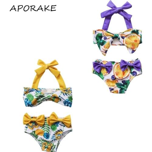 2021 0-5Y Summer Infant Baby Girl Swimsuit Two Pieces Orange Print Halter Tube Top+Bows Triangle Shorts Holiday Beach Swimwear