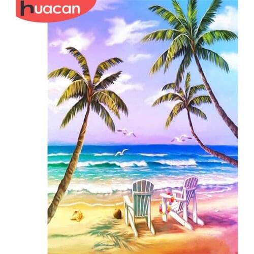 HUACAN Full Square Diamond Art Painting Seaside Diamond Embroidery Landscape Coconut Tree Rhinestone Kit Mosaic Decor For Home