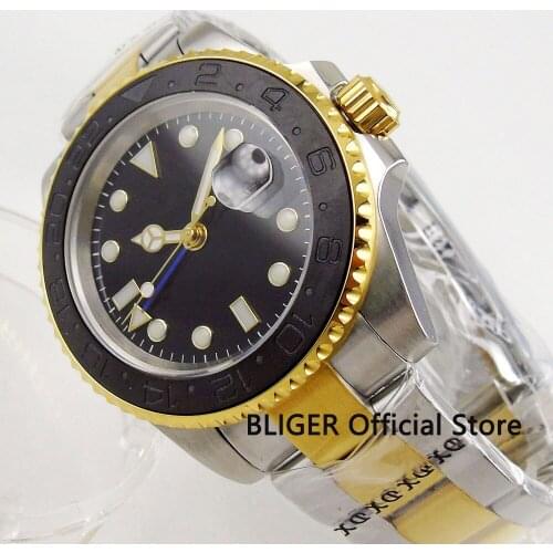 BLIGER Sterile Dial Sapphire Glass Automatic Mens Watch With Gold Plated Bracelet Auto Date Window 40mm Wristwatch