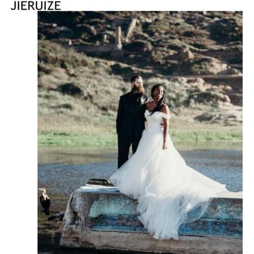 EJUE SHUNG African Tulle Wedding Dresses Off Shoulder Lace Up Back Modern White Boho Bridal Dresses robe de mariee Custom Made