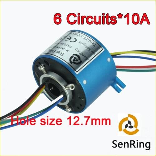 Electrical rotary joint connector 6 circuits 10A of bore size 12.7mm through hole slip ring