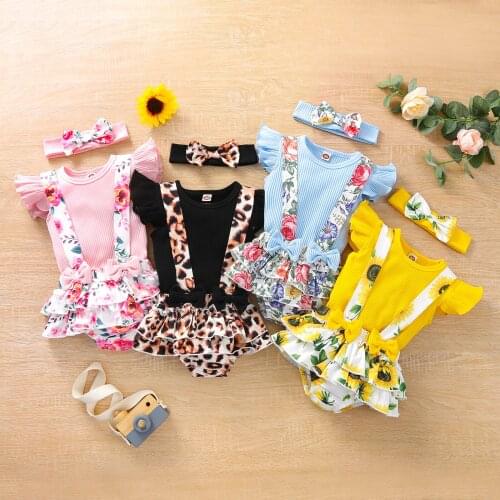 FOCUSNORM 4 Colors Baby Girls Clothes Sets 3pcs Ruffles Fly Sleeve T Shirts Floral Suspender Shorts Headband 0-24M
