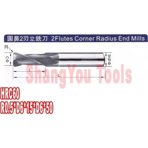 -1pcs 6mm hrc60 R0.5*D6*15*D6*50 2 Flutes Milling tools Mill cutter Carbide Corner Radius End Mill CNC router bits