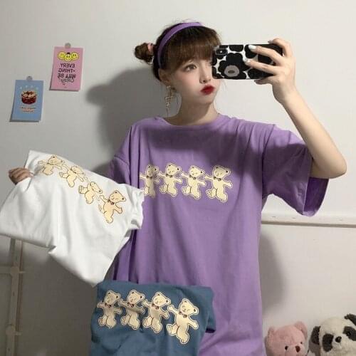 Womens T-shirts Tops Japanese Kawaii Ladies Ulzzang Loose Bear Lazy Ins Retro T-shirt Female Korean Harajuku Clothes For Women