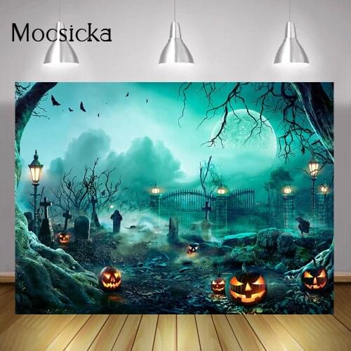 Halloween Cemetery Backdrop Pumpkin Lantern Halloween Party Cake Table Background Big Moon Old Trees Crow Photography Props