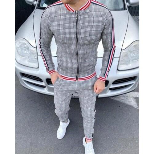 Autumn New Mens Stripe Suit Fashion Jacket+Pants Flower Plaid Sports Tracksuit High Quality StripePrinting Zipper Two-Piece Set