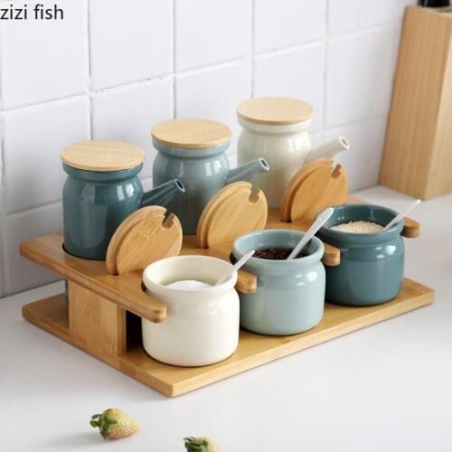 Creative Ceramic Seasoning Pot 6/8 Piece Set Household Kitchen Pepper Pot Vinegar Oil Bottle Pot Sugar Chili Pot with Wooden Lid