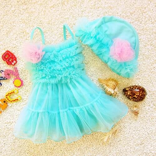 Baby Girls Swimsuit Lace Flower Cute Girl Lace Tulle Bathing Suits Floral Swimwear Kids Beach Dress Swim Suits With Hats Bikini