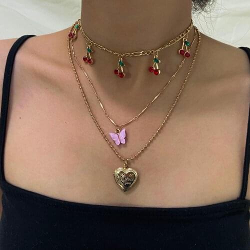 Multilayer Sweet Red Cherry Pink Butterfly Gold Heart Pendant Metal Necklace Women Fashion Charm Romantic Party Jewelry