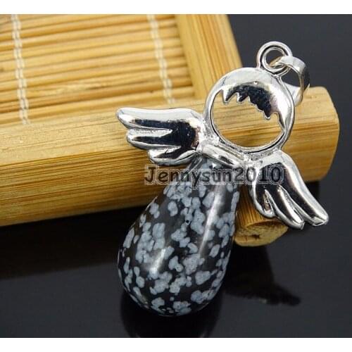 Natural Snow Flake Gems Stone Angel Wing Teardrop Healing Pendant Charm Beads Silver Plated Healing Jewelry Design 10Pcs/Pack