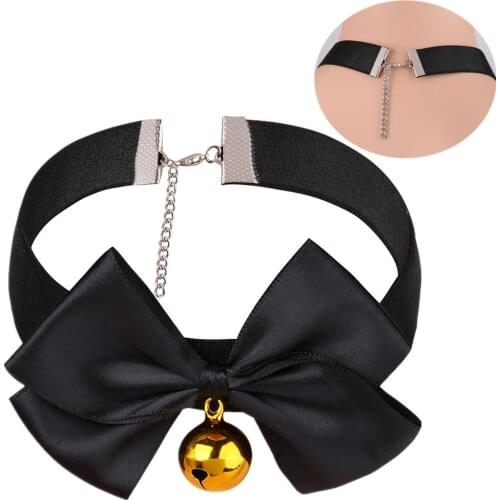 New Fashion Women Harajuku Girl Handmade Ribbon Bow Bell Choker Gold Bell Hanging Jingle Collar Kawaii Bow Ribbon Choker Jewelry