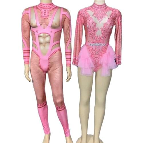 Pattern Printing Sexy Couple Clothing Long Sleeve Tights Bodysuit Theatrical Costume Mesh Decoration Dance Wear Performance Suit