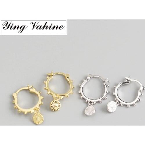 Ying Vahine 100% 925 Sterling Silver Circle with Beads Small Sun Pendant Drop Earrings for Women