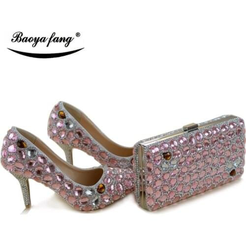 Pink crystal Wedding shoes Bride with matching bags fashion shoe and bag sets party dress shoes high heels pointed toe Pumps