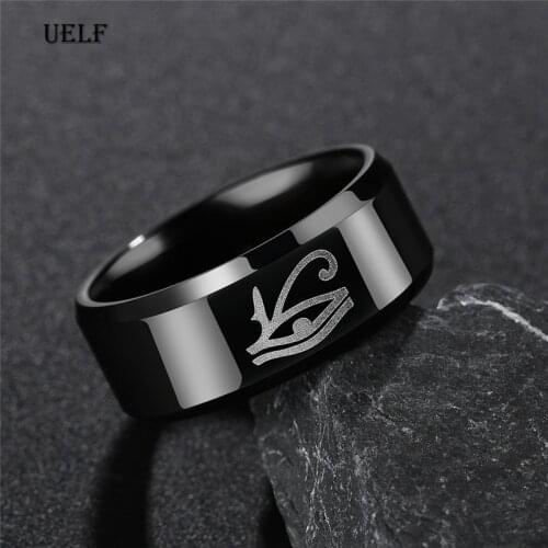 Uelf Vintage Men Women Black Color Egyptian Eye of Horus Ankh Cross Symbolic Rings Egypt Amulet Stainless Jewelry Gift