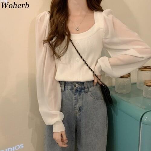 Woherb Vintage Summer Knitwear See Through Long Sleeve Tops Blusas 2021 Korean Casual Fashion Solid Tops Blouse Shirt