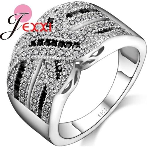 YAAMEL Shiny Full White AAA+ Crystal Engagement Brilliant Party Rings 925 Sterling Silver Jewelry Full White + Balck Crystal