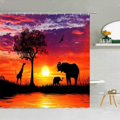 African Savannah Sunset Scenery Shower Curtain Elephant Giraffe Wildlife Waterproof Fabric Bath Screen Bathroom Decor Curtains