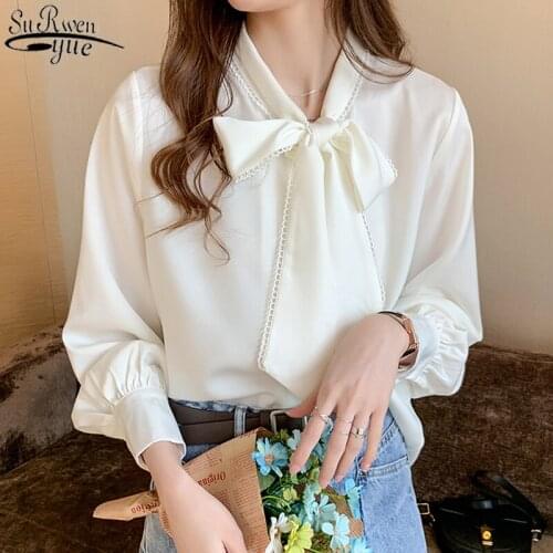 2021 Autumn Long Sleeve Shirt Fashion Loose Korean Bow Collar Satin Chiffon Blouse Office Lady Style Women Tops and Blouse 10691