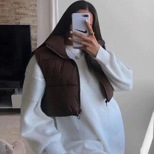 Women Fashion Zipper Sleeveless Solid New Jackets Vest Casual High Collar Coffee Color Parkas Short Outwear Chic Lady Streetwear