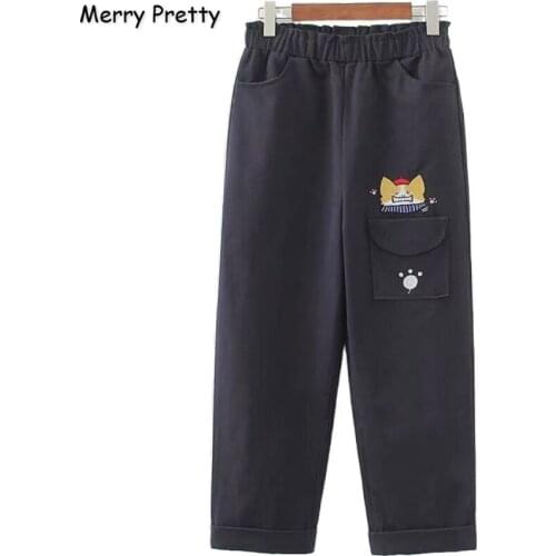 Womens Straight Pants Cartoon Cat Embroidery Pockets Pant For Girl 2020 Spring New High Waisted Casual Loose Pant MERRY PRETTY