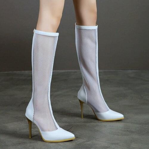 2021 New Spring Summer Women Knee High Boots Fashion Pointed Toe Thin High Heel Ladies Mesh Boots White Silver Gold Womens Shoe