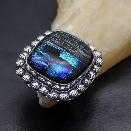 Hermosa Solitaire Band Ring For Women Natural Dichroic Glass Ring Size 8 A326