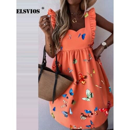 Summer Women 2021 Butterfly Printed Fashion Square Collar Dress New Short Sleeves Casual Elegant Slim Beach Party Ladies Dresses