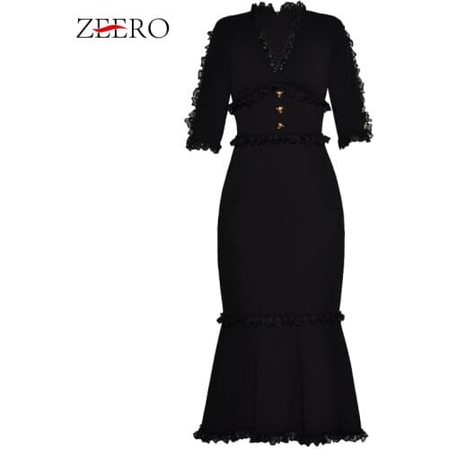 2020 Summer High Quality Womens Runway Package Hip Mermaid Dress Female Lace Ruffles Elegant Party Black Long Dresses Vestidos