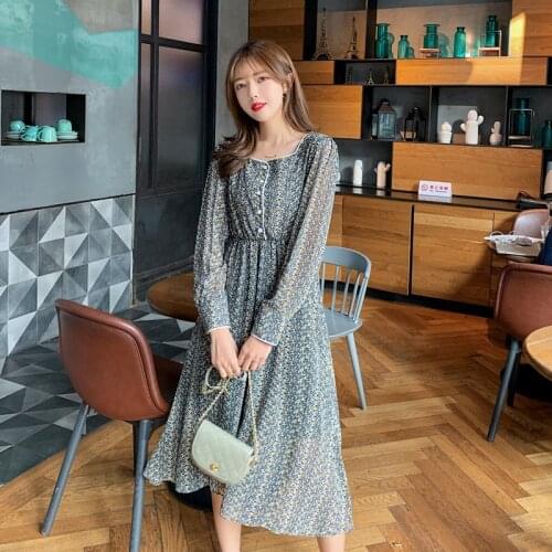 Spring Autumn Dress Print Boho Long Chiffon Dress Women Floral Square Collar Casual Single-breasted Elegant Dresses vestido 2020