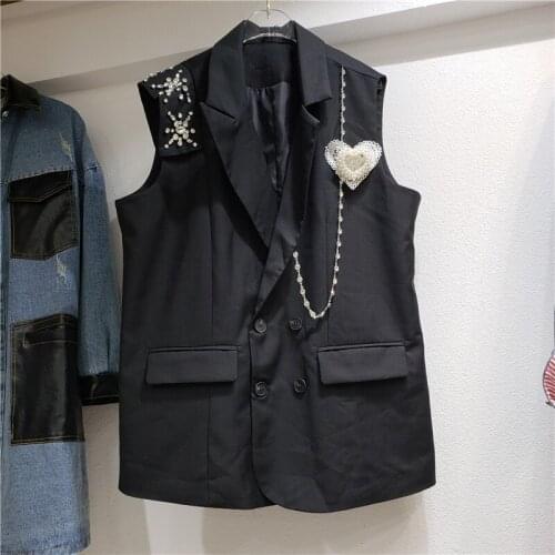 Khaki Vest for Women Autumn Top New Sleeveless Chain Diamond Peach Heart Waistcoat Femle All-Match Outwears Black