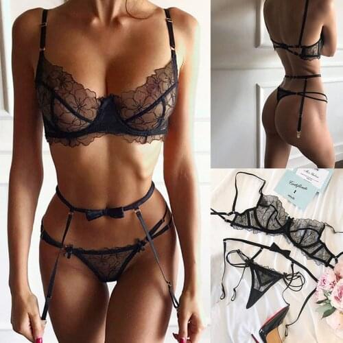 3PCS Bra G-String Garter Suit Womens Sexy Lingerie Lace Top Bra Set Lady Thong Underwear Set Female Fashion Top Erotic Lingerie