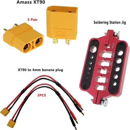 Amass 5 Pair XT90 Male Female Bullet Connectors Power Plugs Power+XT90 Connector Plug To 4mm Banana Plugs+Soldering Station Jig